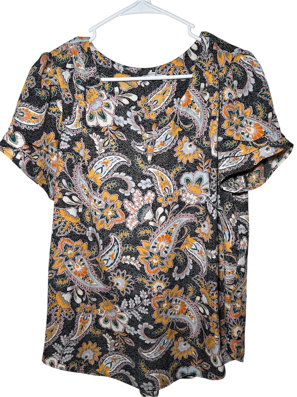 DR2 Brown Short Sleeve Paisley Floral Top with Mustard Accents Country Western
